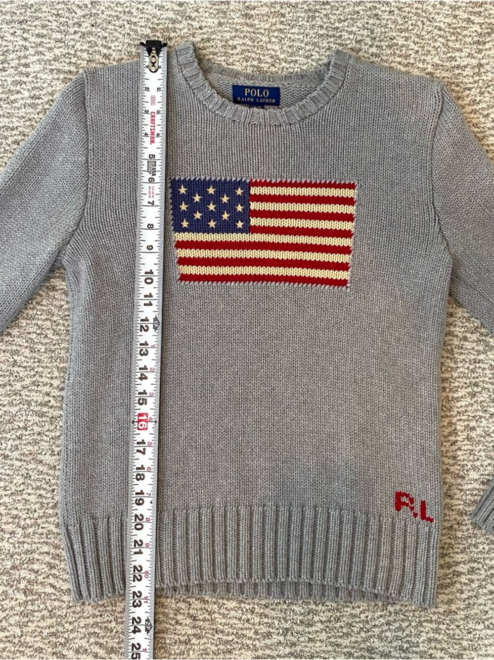 Polo Ralph Lauren Gray American Flag Sweater 100% Cotton Women’s XS Youth 16 - Picture 8 of 10